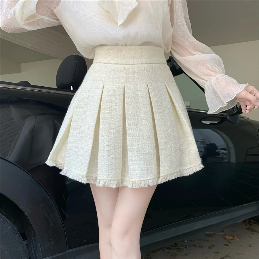 Autumn New French Vintage Tweed Two-Piece Skirt Set Women Short Jacket Coat + Pleated Mini Skirt Suits Korean Luxury Outfits
