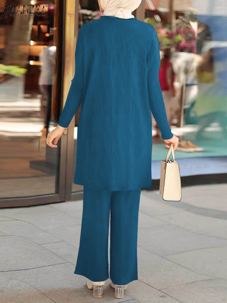 ZANZEA Women Muslim Suit Abaya Kaftan 2PCS Long Sleeve Split Hem Blouse Wide Leg Pants Sets Solid Elegant Outfit Tracksuits