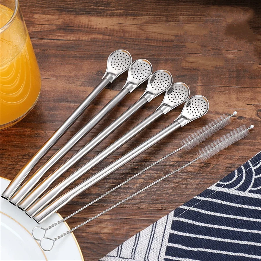 304 Stainless Steel Drinking Straw Spoon Tea Filter Tea Straws Gourd Washable Tools Kitchen Bar Kitchen Spoon Brush