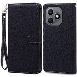 Luxury Wallet Leather Flip Phone Case with Stand and Soft Silicone Book Cover for Honor X8d (Black - Strap)