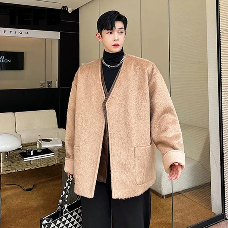 

IEFB Autumn Winter Men's Coat Korean Style Versatile Silhouette Collarless Woolen Jackets Fashion Spliced Niche Design 9C3172
