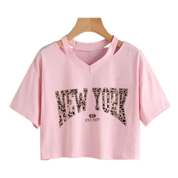 Leopard Letter New York Print Graphic Cropped T Shirt Y2k Crop Tops Woman Tshirt Women's Sexy Vintage T-Shirt Clothes 1