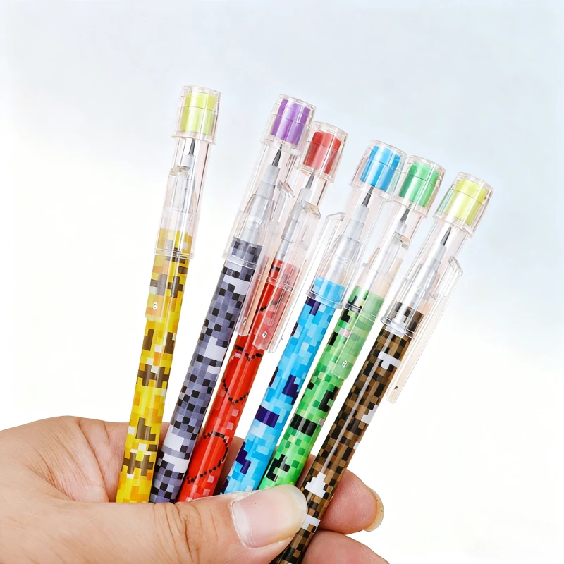 Set di matite colorate stile pixel da 6 pezzi, matite da disegno con motivo creativo a cartoni animati, cancelleria per scrittura e colorare lisci per bambini - immagine 3