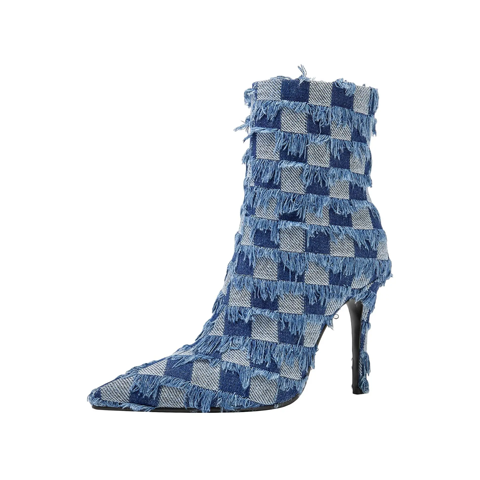 Foreign Trade Pointed Chessboard Plaid Tassel Jacquard Denim Thin Heel High Heel Side Zipper Fashion Large Size Women's Boots