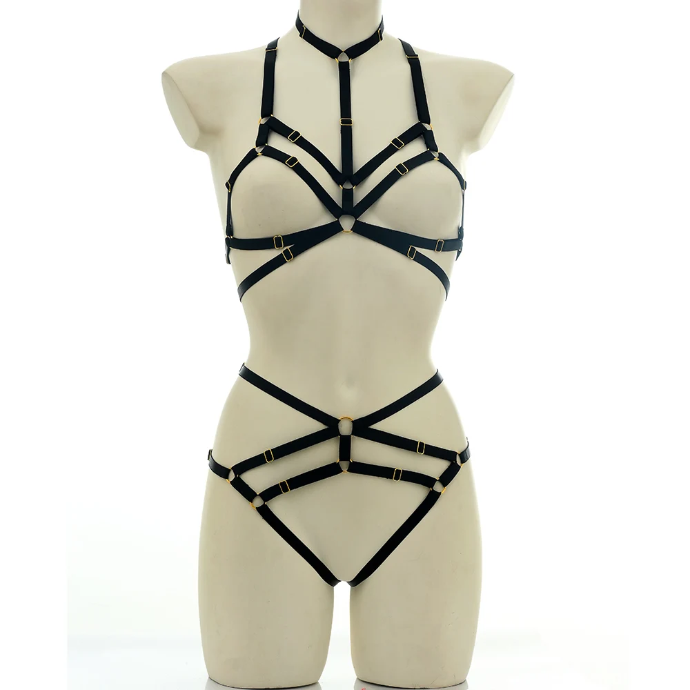 Cosplay Costume Hollow Elastic Adjust Body Harness Cage Bra G-string Lingerie Set Rave Wear Women Halloween Sexy Bondage Body Cage Harness