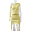 Women's Elegant Temperament Pleated Top and Short Skirt Set, Solid Color Net Sand Diagonal Shoulder Strap, Summer Beach Ou, New 3