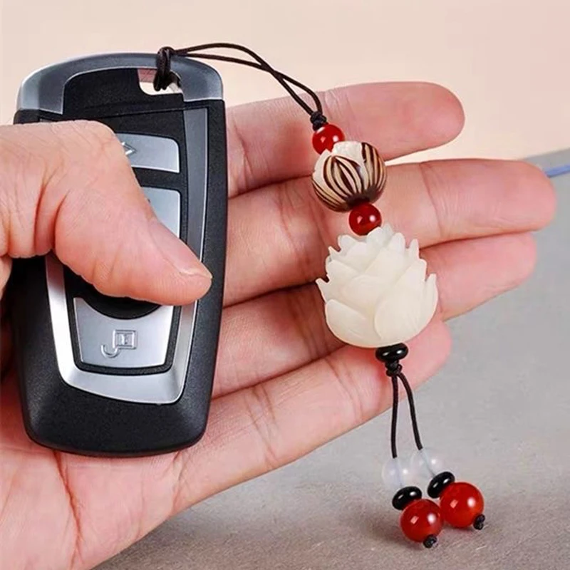 Vintage Handmade Carved Bodhi Lotus Flower Keychain For Women Men Wood Jewelry Hanging Charms Simple Beaded Key Chains