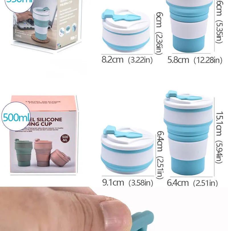 350 ml/500 ml Lebensmittelqualität Silikon Klappbecher Zusammenklappbarer Becher mit Abdeckung Heißgetränkebecher für Campingreisen im Freien tragbar – Detail 8