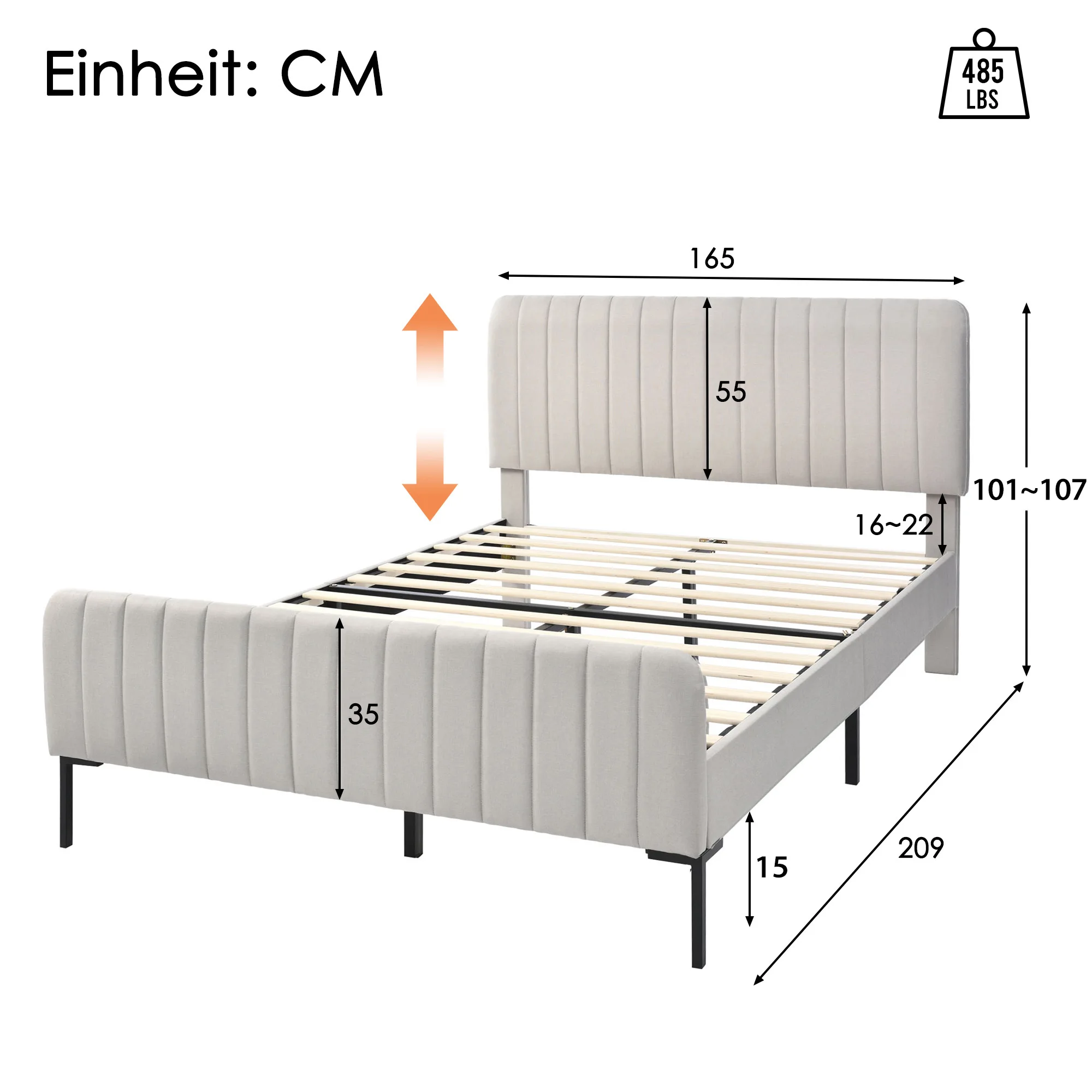 KOMHTOM Gepolstertes Jugendbett, Bettgestell mit Lattenrost, verstellbarem Kopfteil, Leinenmaterial – Detail 11