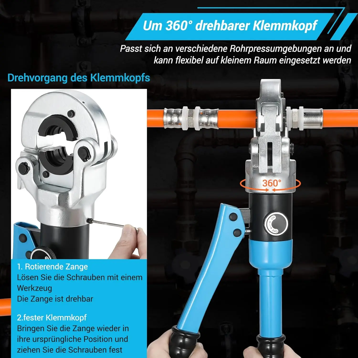 TLGREEN Hydraulic Pipe Crimping Tool with TH16 20 26 32mm Shapes with 360° Rotating Head 16T for Copper/Alu Plastic/Pex/PB Pipe