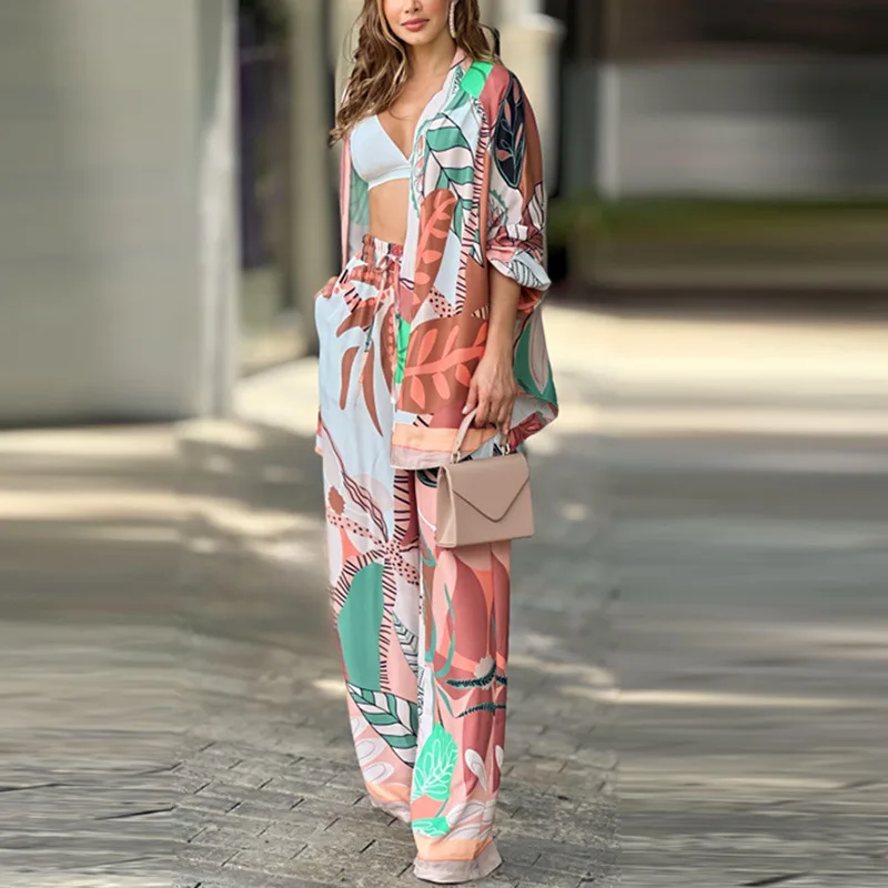 

Printed Button Top Home Single-breasted Two-piece Set Autumn And Winter New Fashion Pocket Wide-leg Pants Casual Suit Feminine