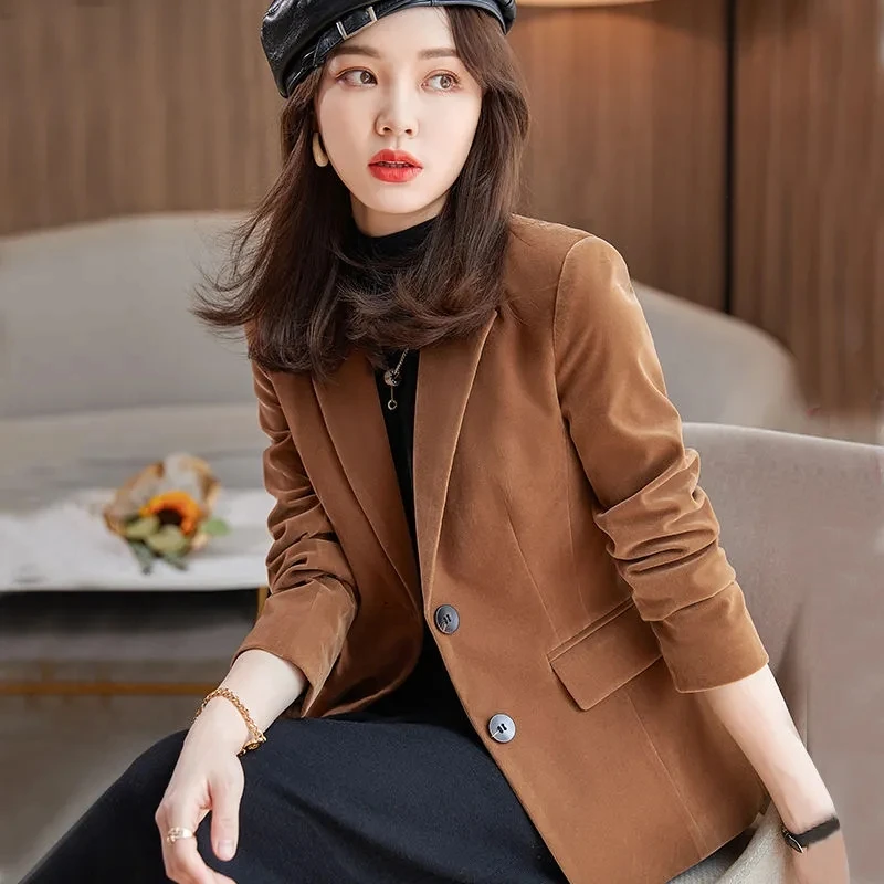Spring Fall New Fashion Women Midnight Navy Slim Velvet Blazer