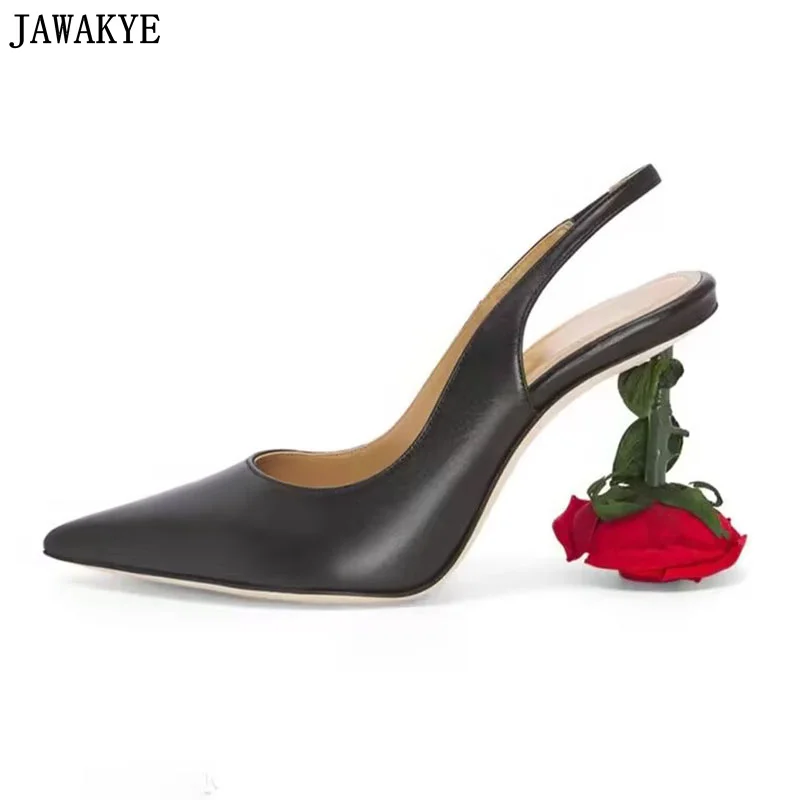 

Pointy Toe Black Leather High Heel Slingbacks Women Designer Rose Flower Heel Wedding Shoes Summer Sexy Party Dress Shoes Women