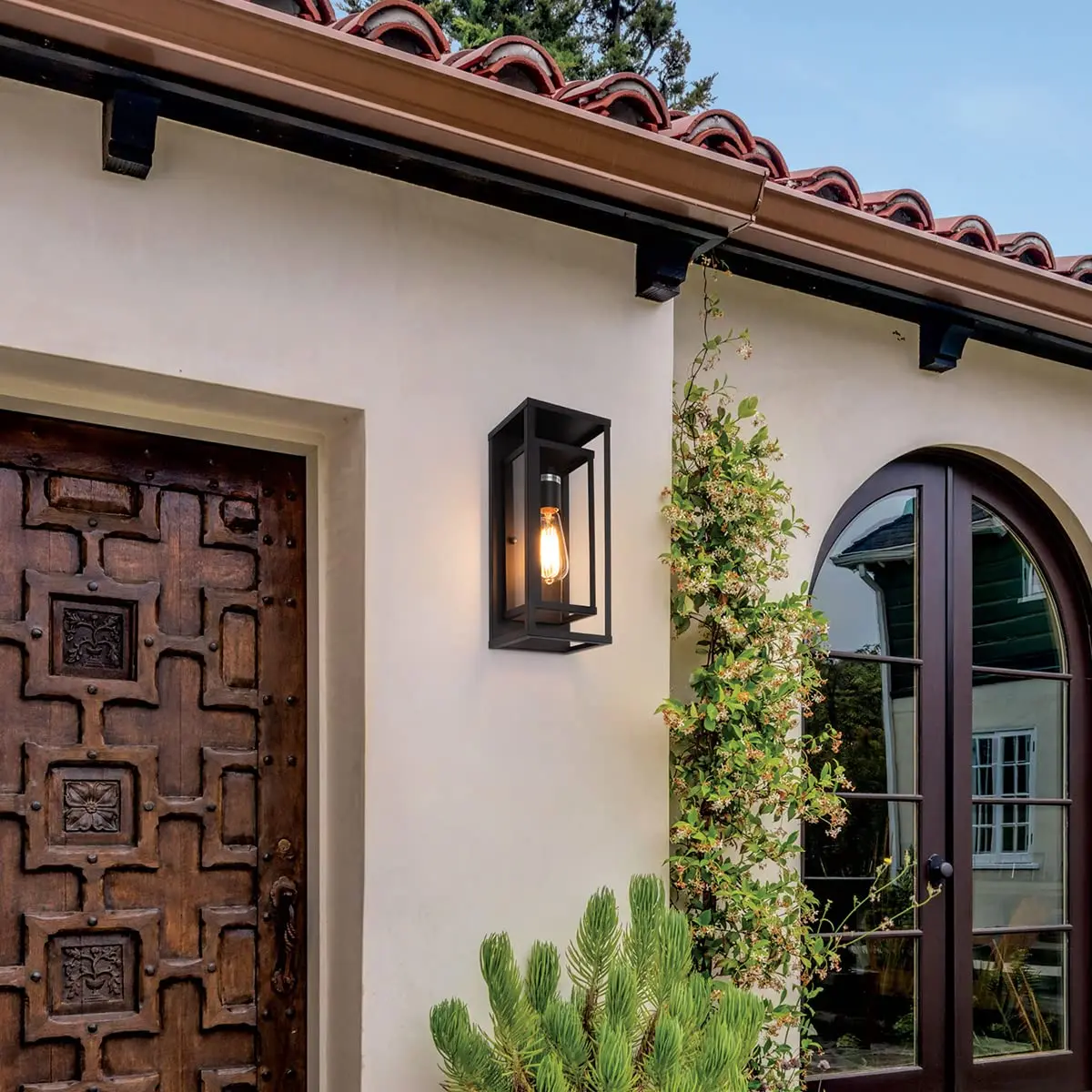 2 Pack Glass Wall Sconce Outdoor in Matte Black Waterproof Porch Light with Rectangular Metal Frame and Clear Glass Shade