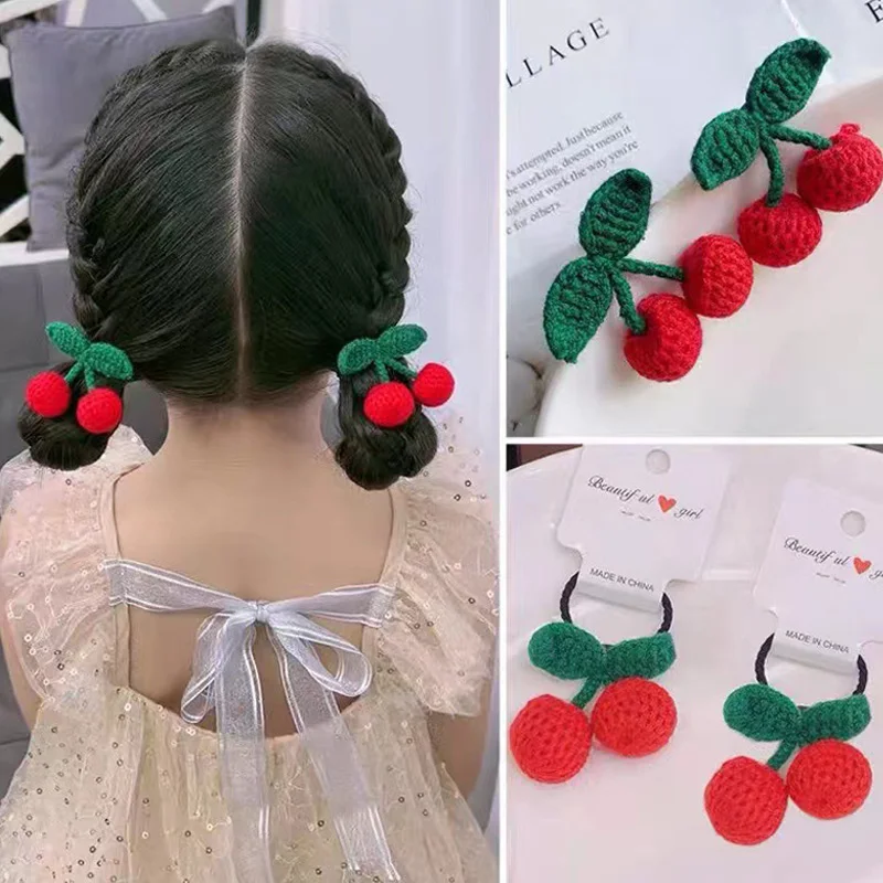 

New Fashion Red Cherry Hair Clip For Children Girls Cute Woolen Knitted Hair Rope Hairpin Party Headdress Accessories Gift