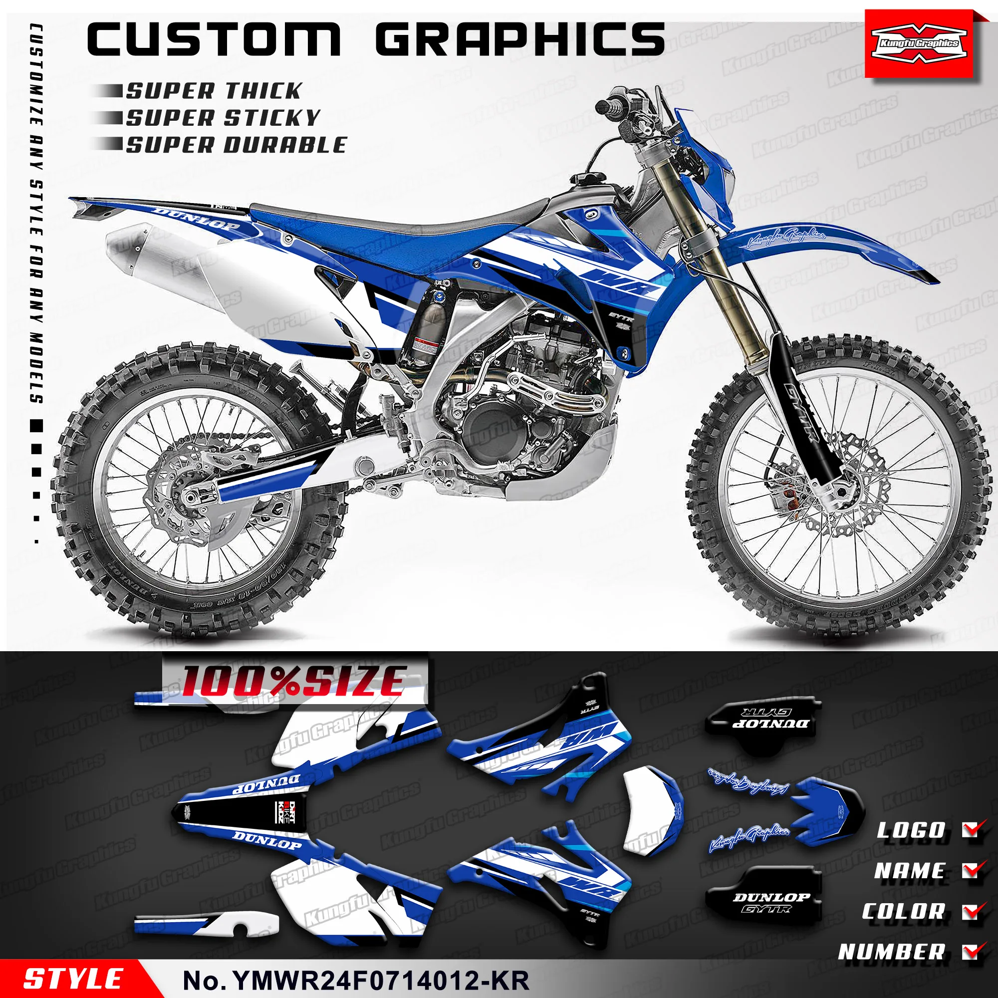 KUNGFU GRAPHICS MX Stickers Decal Kit for Yamaha WR 250F 450F WR250F WR450F 2007 2008 2009 2010 2011 2012 2013 2014, White Blue