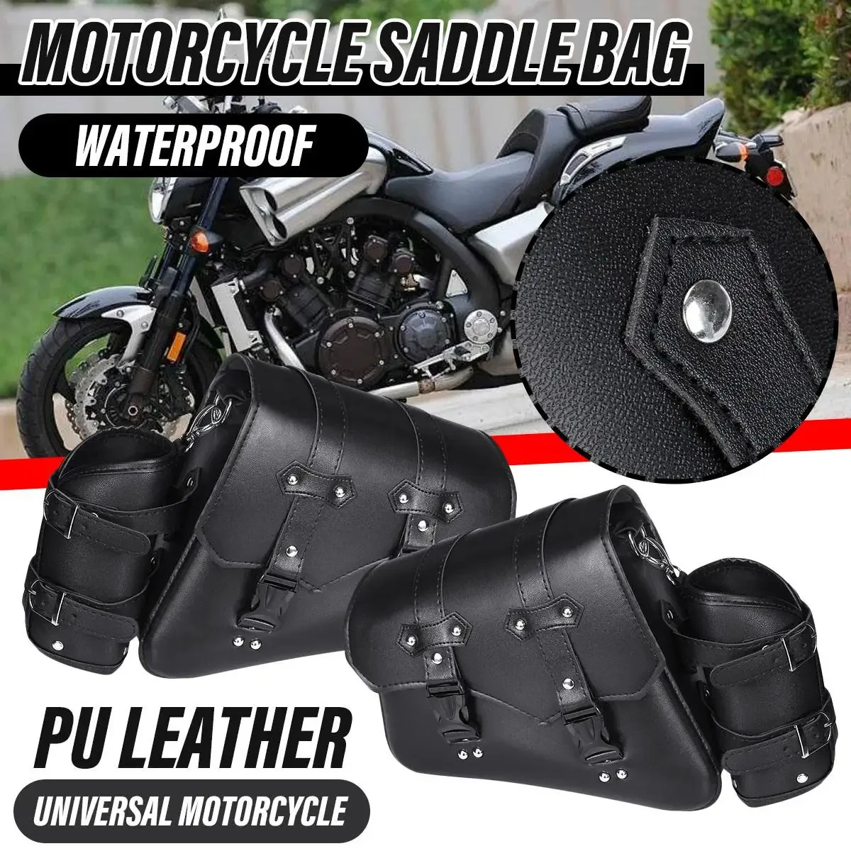 

Motorcycle Saddle Bags PU Leather Tool Bag w/Water Bottle Holder Cafe Racer Luggage Bag Waterproof Universal For Cruiser Custom