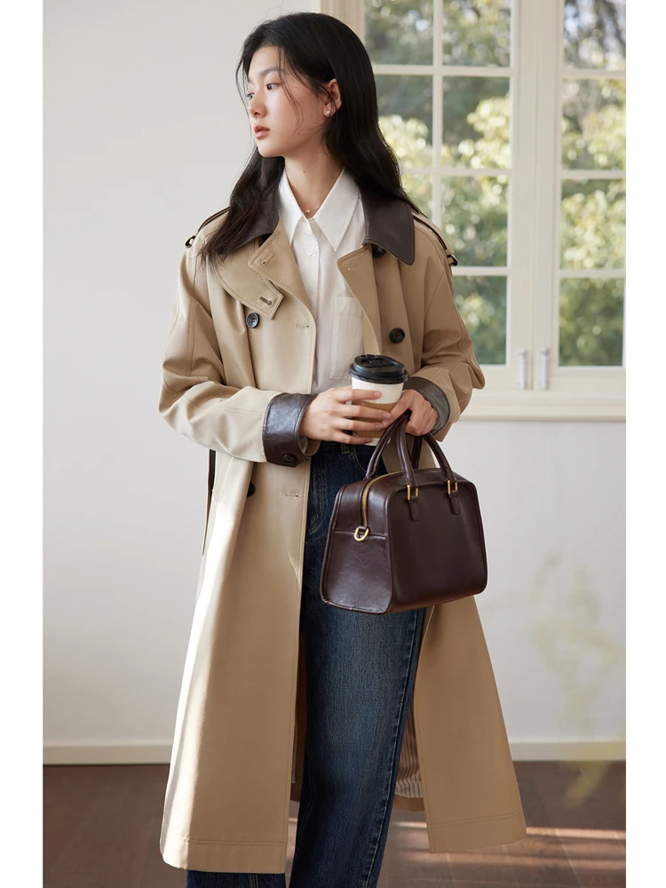 ZIQIAO Turn-down Collar Temperament Dark Khaki Long Double Breasted Trench PU Patchwork Spring Twill Jackets 24ZQ91049