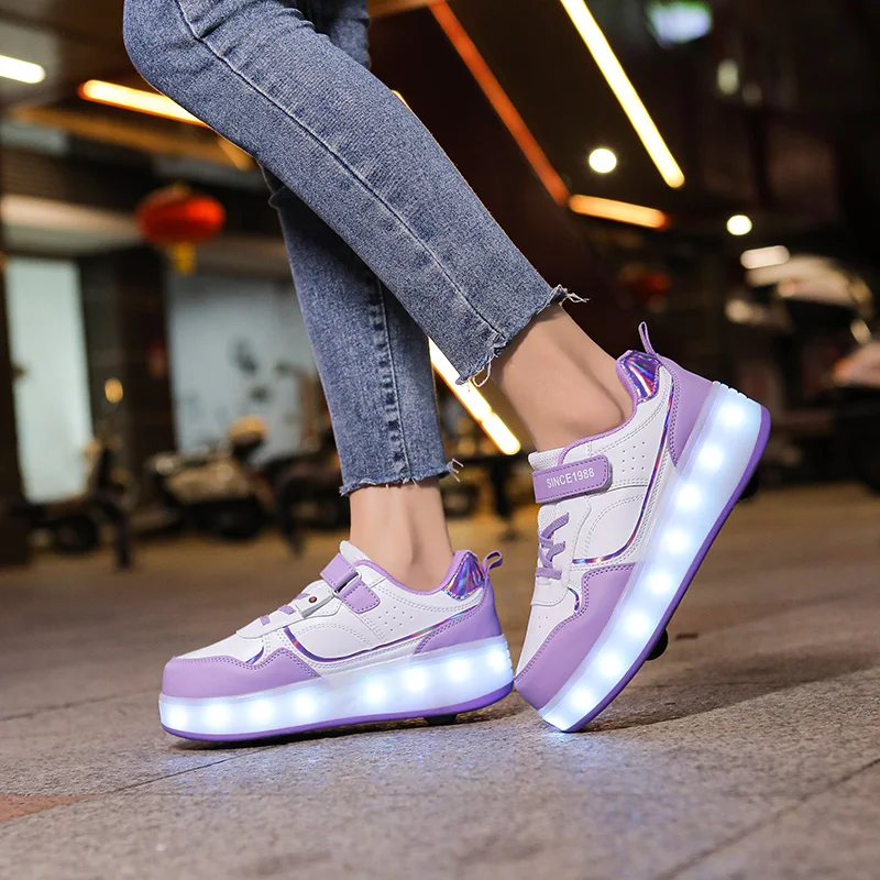 Roller Skate Shoes - Kids LED Light Sneakers With Hook & Loop Closure
