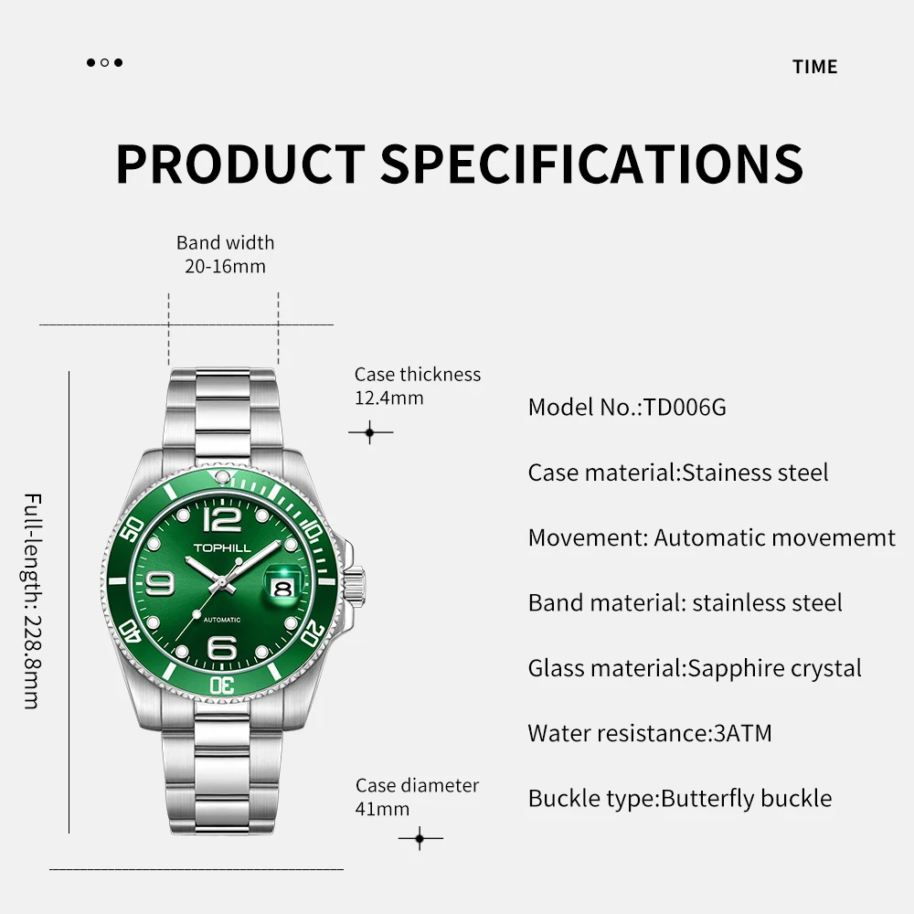 TOPHILL Men's Watches Brand Luxury Automatic Watch For Men 30M Waterproof Mechanical Wristwatch