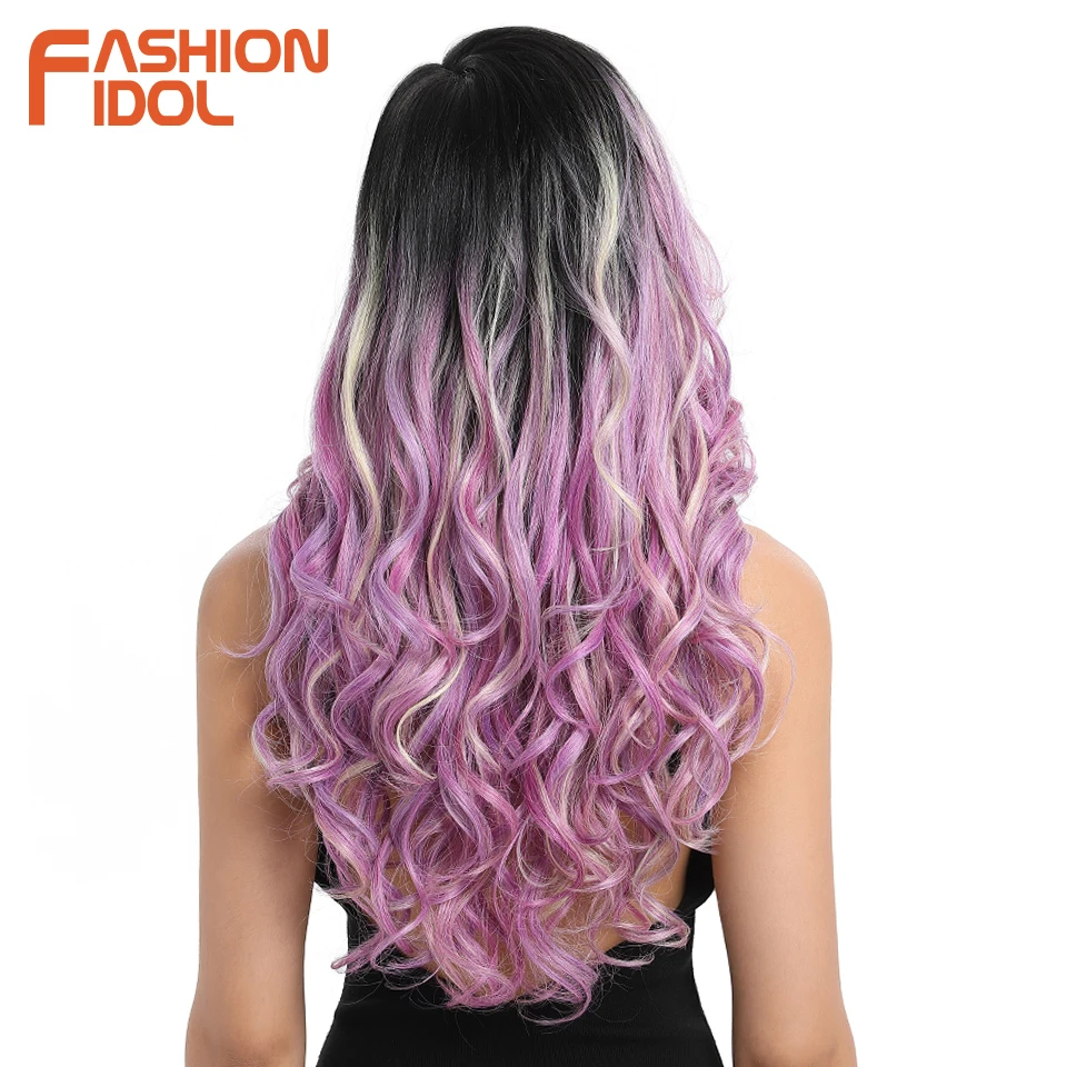 FASHION IDOL 22 Inch Body Wave Cosplay Wigs Synthetic Long Wavy Ombre Violet Heat Resistant Fiber Lace Front Wigs For Women