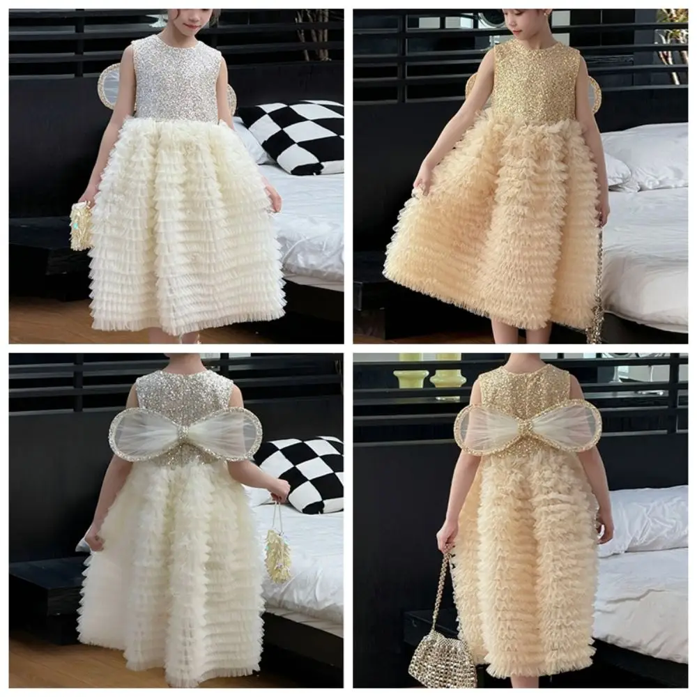 Butterfly Bow Wings Children Princess Dress Round Neck Sequin Sleeveless Kids Birthday Cake Dress Loose Casual
