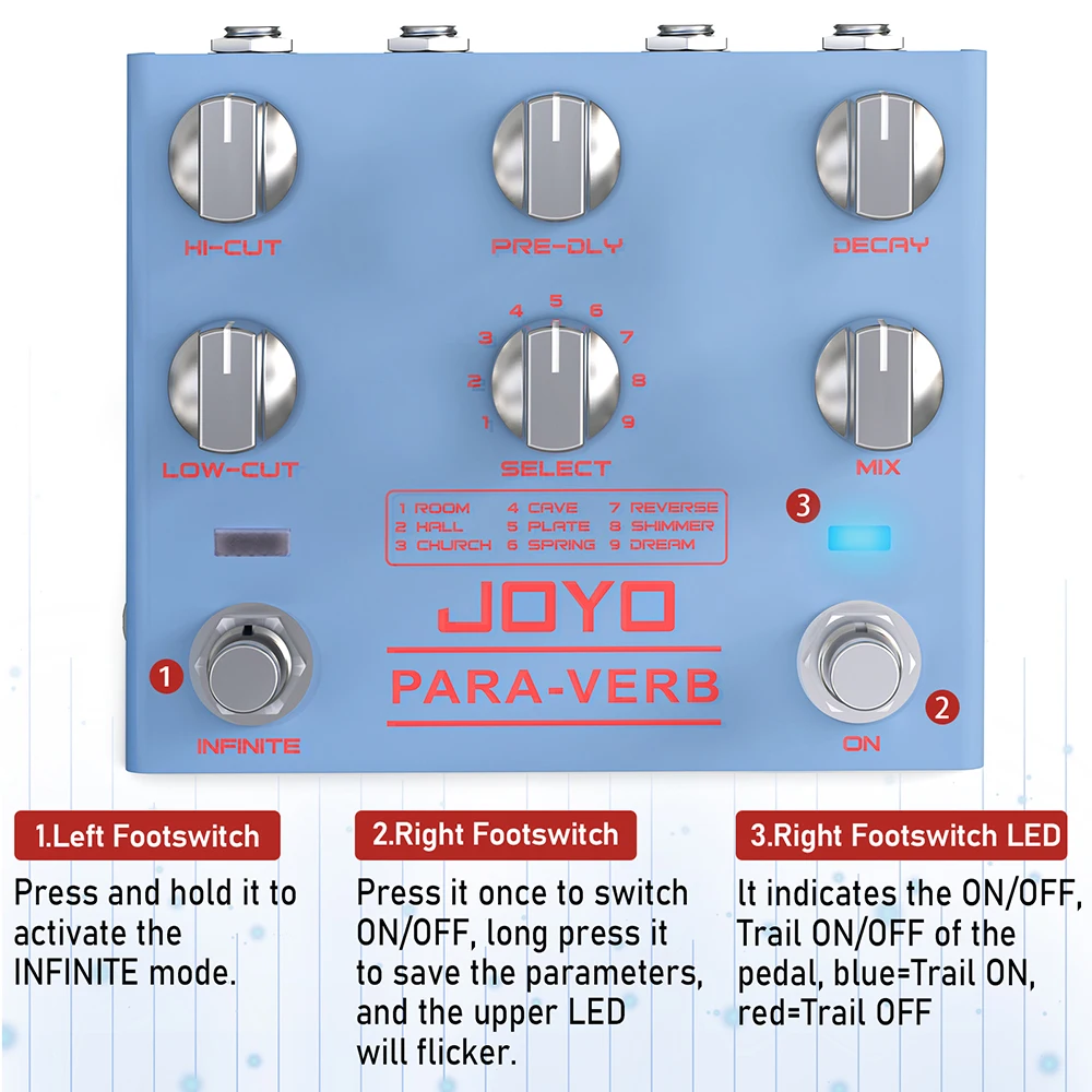 R-31 PARA-VERB Reverb Pedal Infinite & Trail Function 9 Stereo Reverb Effects Pe