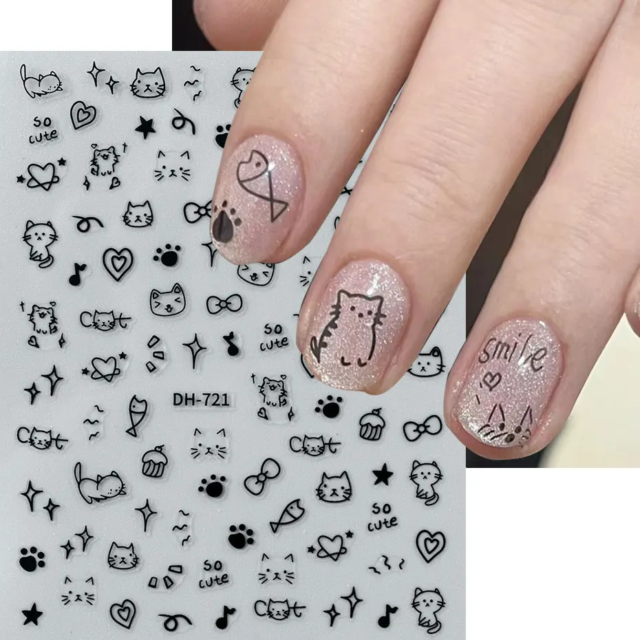 4pcs Cartoon Cute Cat Nail Art Sliders 3D Graffiti Dog Rabbit Heart Star Nail Sticker Kawaii Flower Butterfly Bow Manicure Decal 4