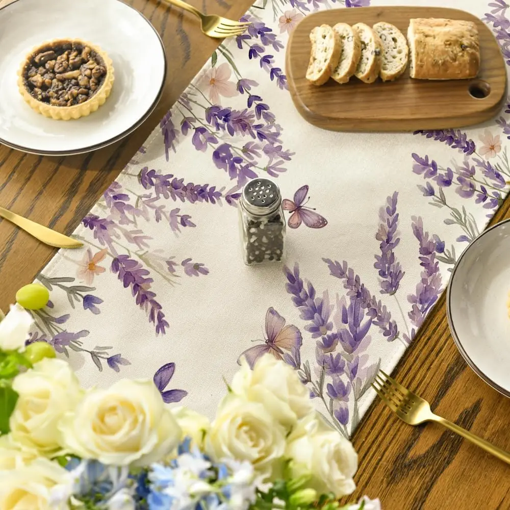 Spring Purple Lavender Floral Linen Table Runner Party Decor Reusable Farmhouse Kitchen Dining Table Runner Wedding Decorations macrame table runner