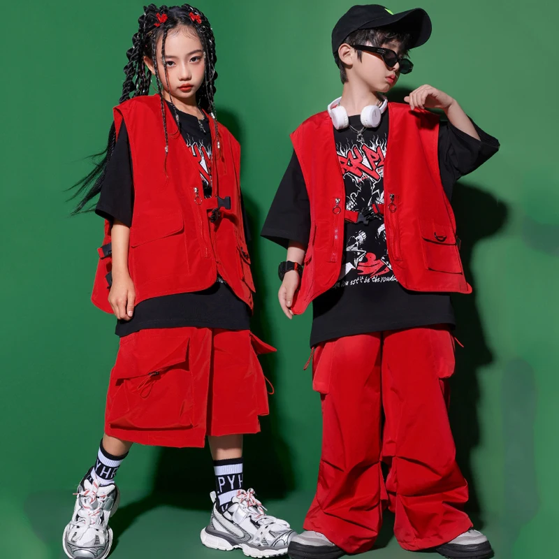 

2023 Ballroom Hip Hop Dance Costumes For Kids Red Loose Vest Hiphop Pants Suit Boys Streetwear Girls Jazz Stage Clothes DQS13040