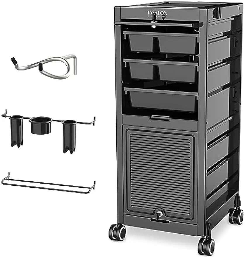 

TASALON Lockable Salon Trolley Cart - Beauty Salon Cart with 6 Drawers and Tool Holders, Salon Stations for Hair Stylist, Rollin