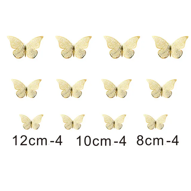 12Pcs Metal Texture Gold Artificial Butterfly Cake Topper Cake Decoration Simulation Butterflies Wedding Crafts Party Decoration B-Gold