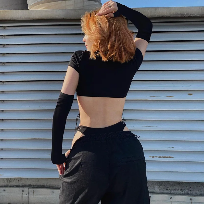 Body de manga corta con cuello alto para mujer, estilo Y2K, de una pieza con aberturas, con cordones, lencería sexy.
