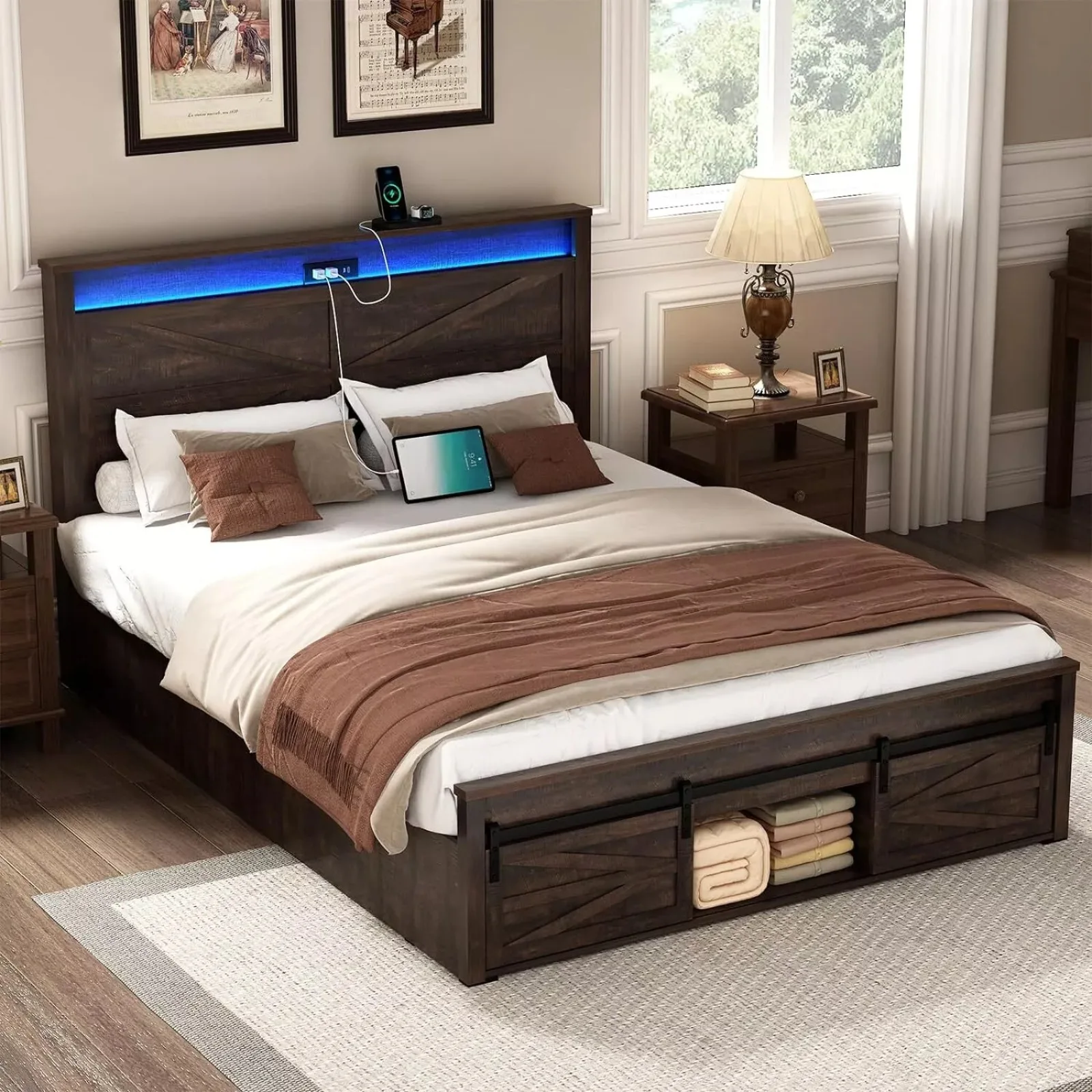

Farmhouse Queen Size LED Wood Bed Frame with Headboard, Charging Station