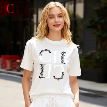CH Letter Printed Fashionable Black T-shirt Trendy Streetwear Fashionable Men's and Women's Casual Loose Short Sleeved Top 1
