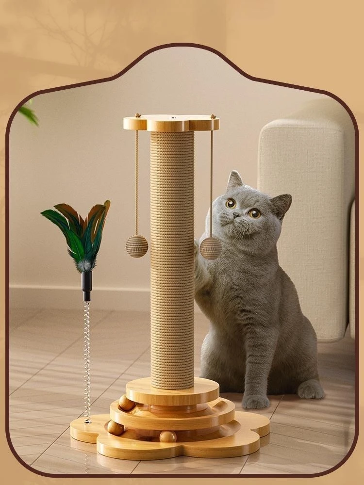 Pet Cat Toy Solid Wood Cat Turntable Funny Cat Stick Balls Durable Sisal Scratching Board Cat Supplies Cat Grab Column