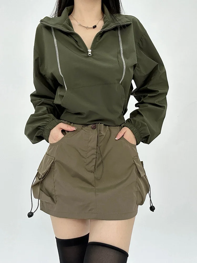 

Новинка 2023, свободный облегающий свитер TVVOVVIN с карманами на молнии для женщин, модная куртка с открытой линией и воротником-стойкой, короткий топ G5E3