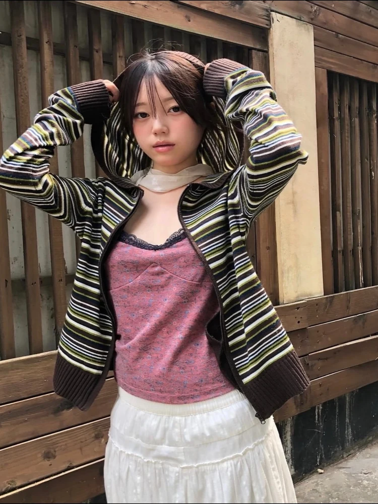 Coyseio Color Blo Striped Knitted Jaet Hooded Zipper Autumn Winter New Sle Women's ort Outerwear Retro Sle