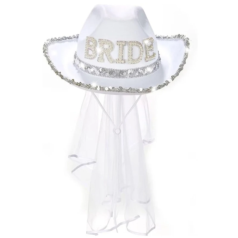 Funny Cowboy Cowgirl Bride Hat with Mesh Veil Rhinestones Bride Letter Wide Brim Hat Bachelorette Wedding Party Props