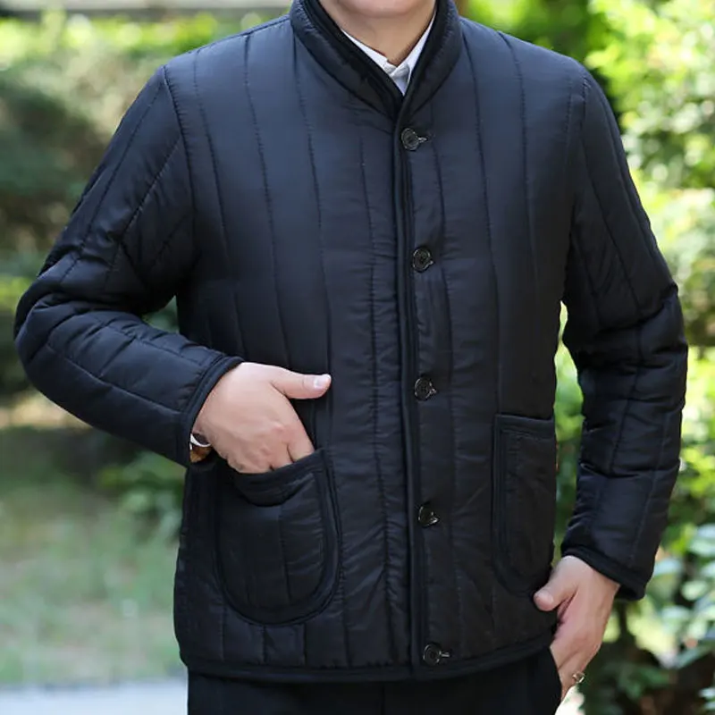 Autumn and Winter Middle-aged Men's Warm Long Sleeve Stand Collar Plush Thickened Dad's Solid Single Breasted Pocket Casual 90s