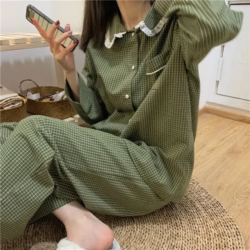 Plaid Casual Pajama Sets Women Single Breasted Ins Japan Turn-down Collar Nightwear Spring Fall Elastic Waist Homewear Mujer women pajamas set women pajama suit