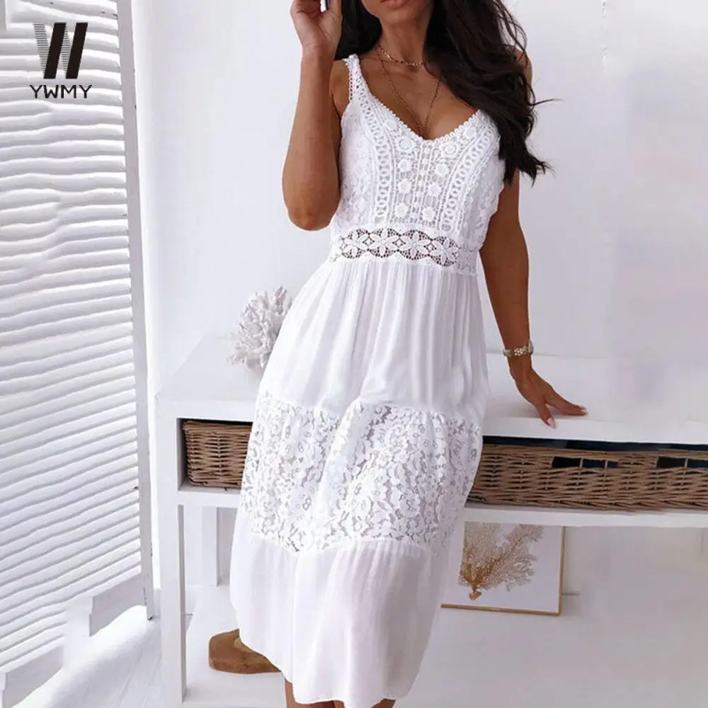 

Summer Sexy Backless Spaghetti Boho Midi Dress Women Fashion White Lace Patchwork Casual Beach Vacation Sleeveless Dresses Femme