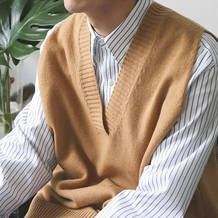 남성용 다목적 브이넥 니트 스웨터 재킷, 커플 단색 상의, 캐주얼 씬 민소매, 한국 스타일, 2022 용수철 가을