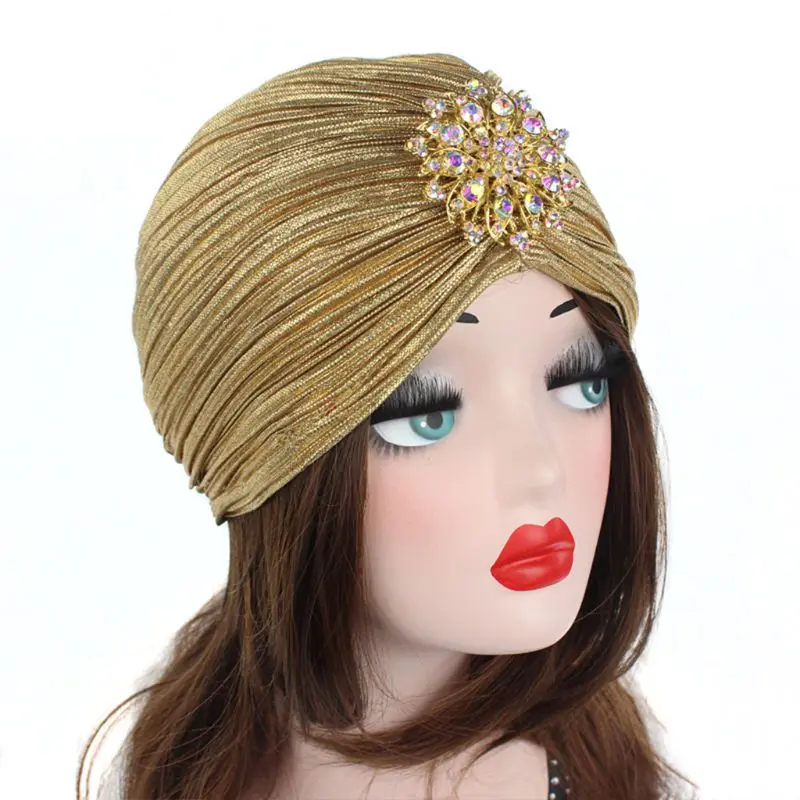 Chapeau Turban indien pour femmes, couvre-tête plissé en velours doux, Hijab avec broche, bijoux