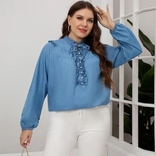 

Women's Plus Size Denim Shirt New Fashion Stand Collar Pearl Solid Blue Color Top Loose Long Sleeve Fashion Denim Shirt Blouse
