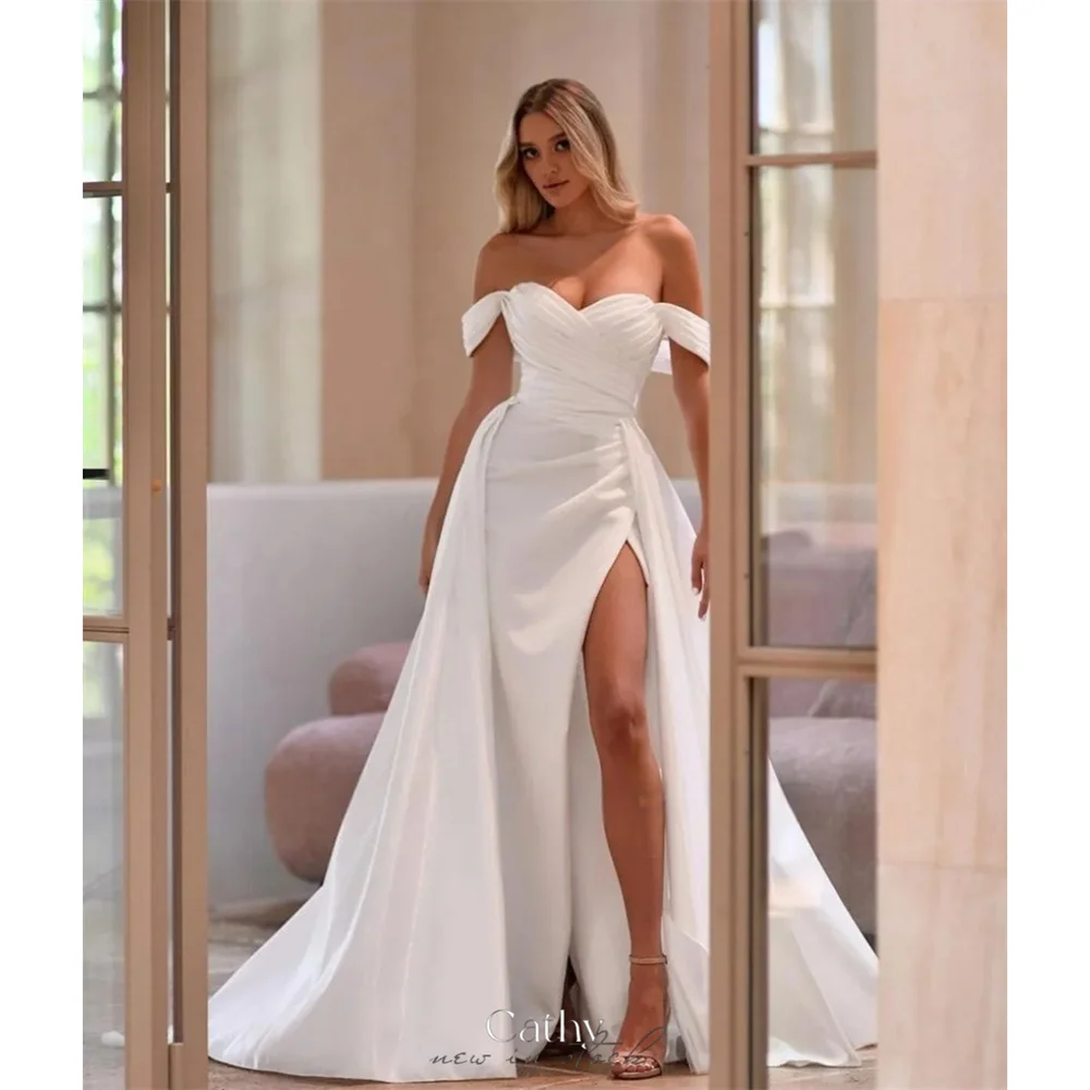 

Cathy White Satin Wedding Dresses Lace-up Off the Shoulder Side High Split vestidos de noche Elegant Sleeveless Formal Evening