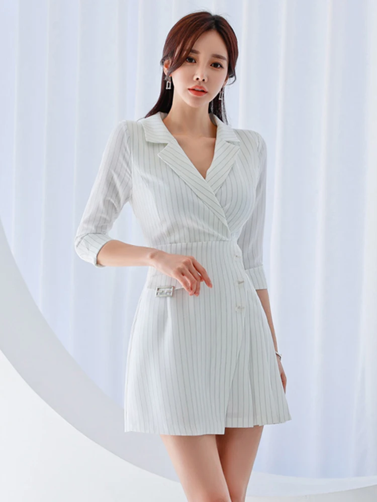 

Spring Autumn Elegant Office Women Dress Temperament Formal Striped Notched Neck Slim Mini A-Line Street Clothes Mujer Vestidos