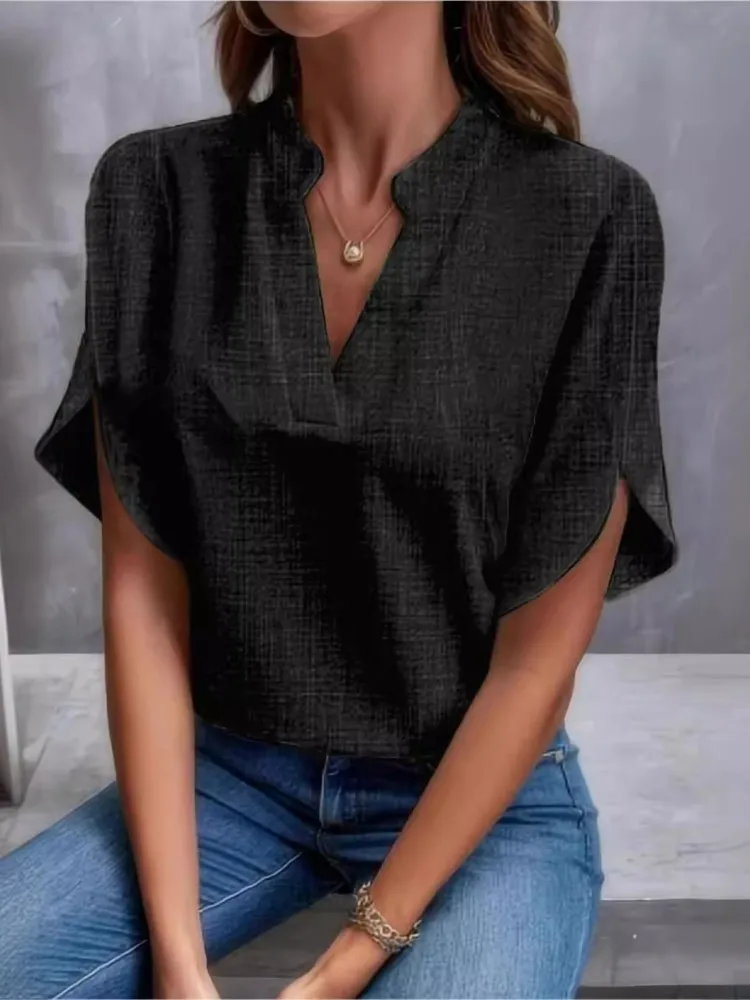 Summer Elegant Women\'s Blouse New V-neck Short Sleeve Solid Color Loose Shirt Casual Tops 2024 Office Lady Blouses