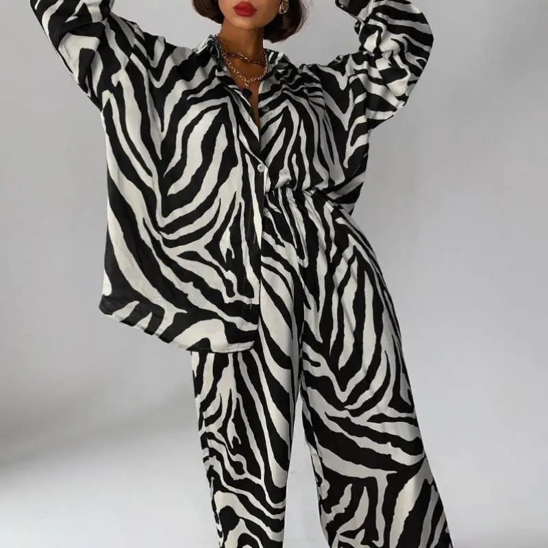 

Elegant Women's Sets Loose Stripe Long Sleeve Top And Elastic High Waist Trousers Suit Shirt Pants Two Piece Set Women's Suit