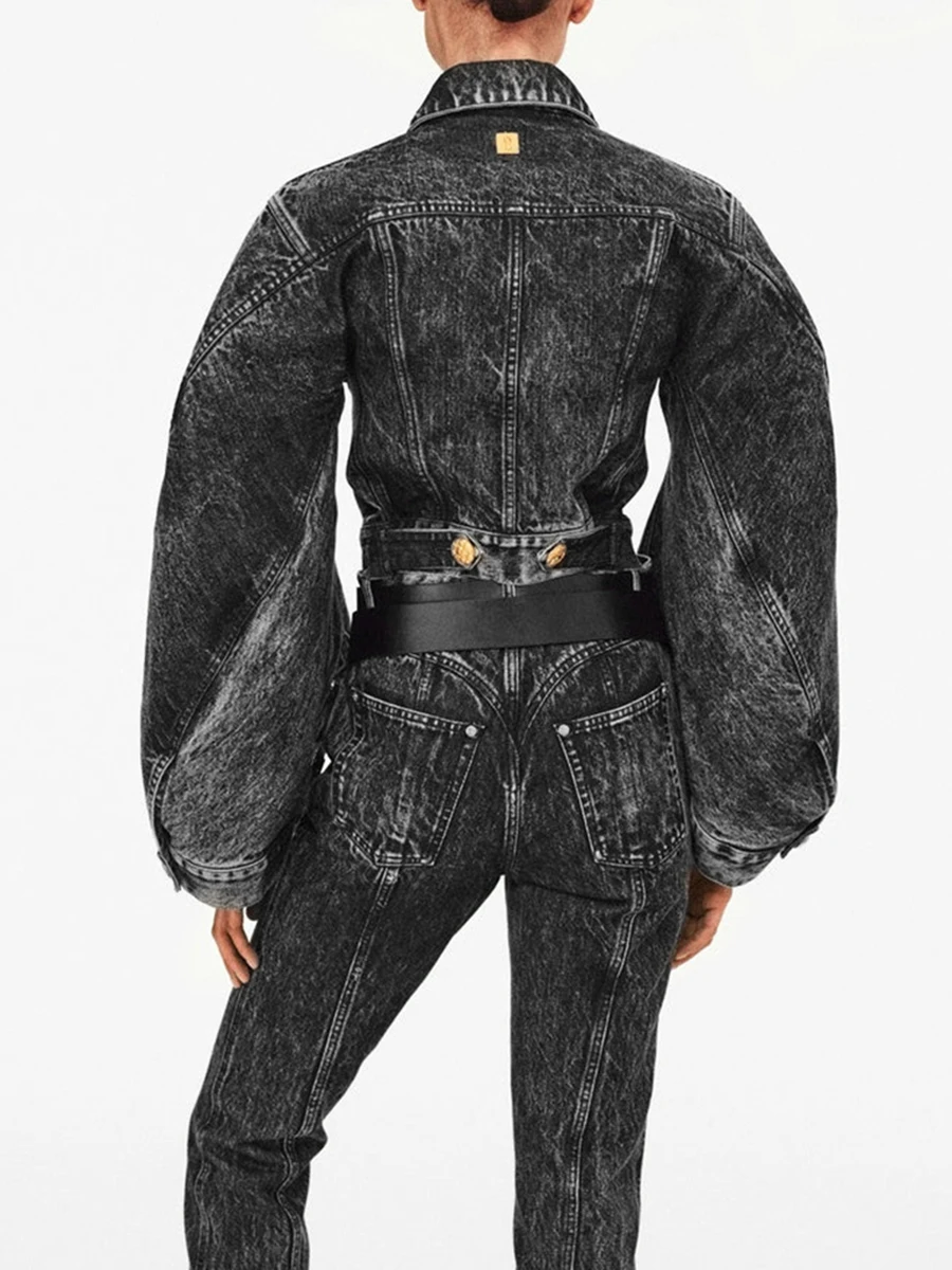 VGH Elegant Black Denim Jacket for Women Lapel Embellished Buttons Dramatic Flare Sleeve Slimming Short Design for Luxury Events